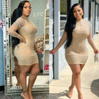 Summer Women Clothing Sexy Mesh Nightclub Rhinestone Long Sleeve Beaded Dress Bella Mia