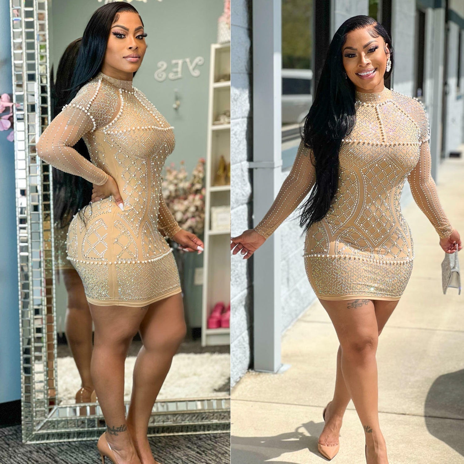 Summer Women Clothing Sexy Mesh Nightclub Rhinestone Long Sleeve Beaded Dress Bella Mia