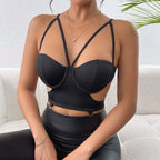 Women Clothing Advanced Design Deep V Plunge Steel Ring Chest Support Knotted Multi Strap Vest Bella Mia