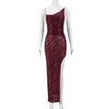 Women Clothing Mesh Flocking Spring Backless Lace up Diagonal Collar Sexy Sling Dress Bella Mia