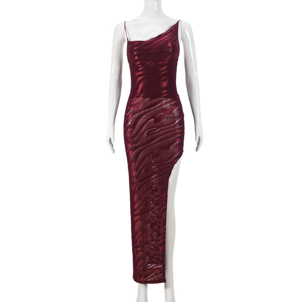 Women Clothing Mesh Flocking Spring Backless Lace up Diagonal Collar Sexy Sling Dress Bella Mia