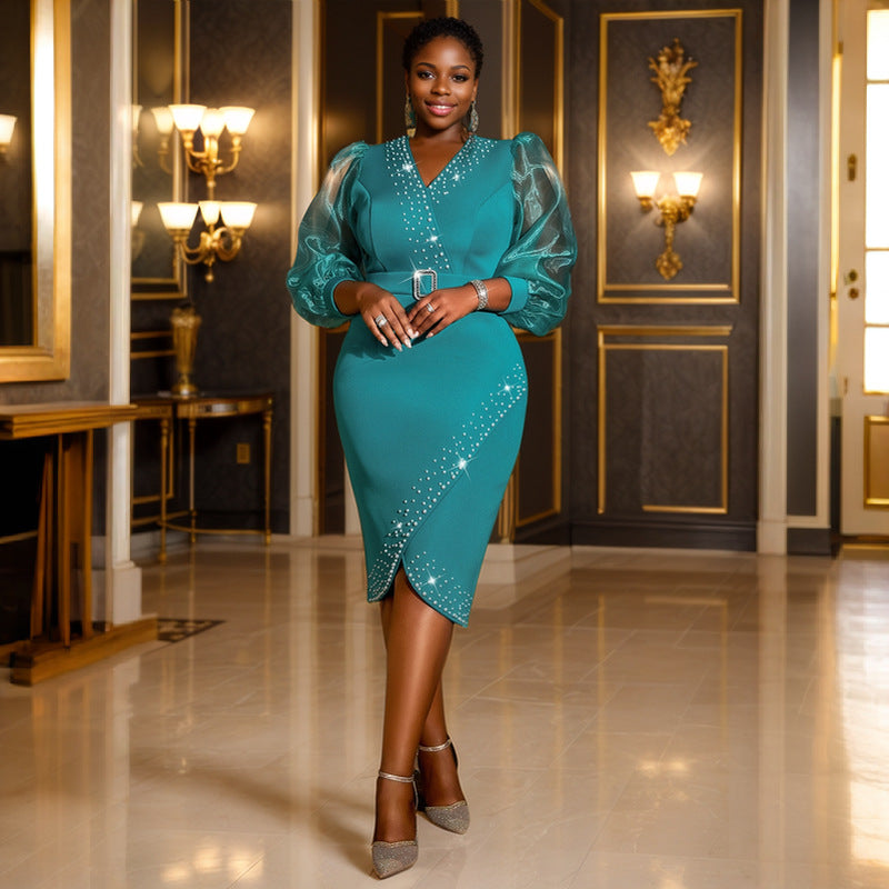 V neck Puff Sleeve High Waist Dress See through Sleeve Midi Dress Bella Mia