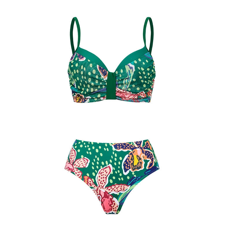 Women Bikini Abstract Printing High Waist Split Swimsuit Set