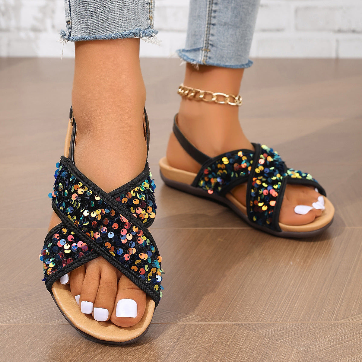 Black Paillette Double Cross Women Beach Sandals Bare Strap Comfortable Women Flat Sandals Bella Mia