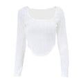 Summer French Design Pleated U Collar Simple Solid Color Slim Fit Long Sleeves Top Women Bella Mia