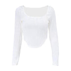 Summer French Design Pleated U Collar Simple Solid Color Slim Fit Long Sleeves Top Women Bella Mia