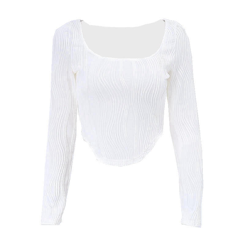 Summer French Design Pleated U Collar Simple Solid Color Slim Fit Long Sleeves Top Women Bella Mia