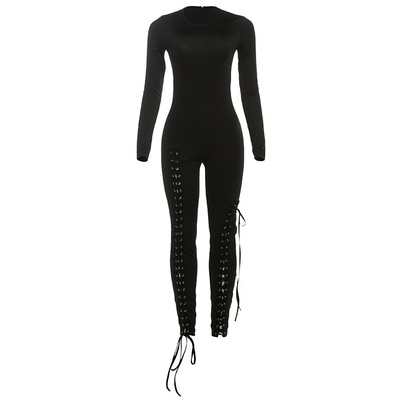 Fall Sexy Solid Color Waist Tight Hollow Out Cutout out Strap Tight Jumpsuit Bella Mia
