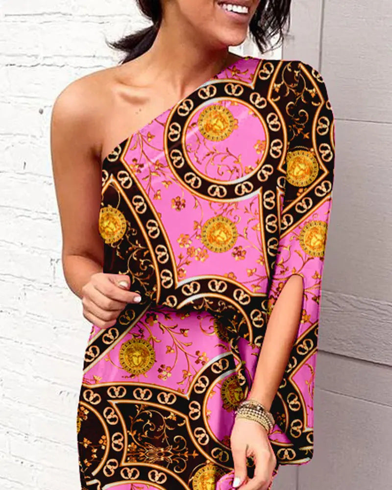 Women Clothing Dress Sexy Oblique Shoulder Elegant Single Side Sleeve Dress for Women Bella Mia