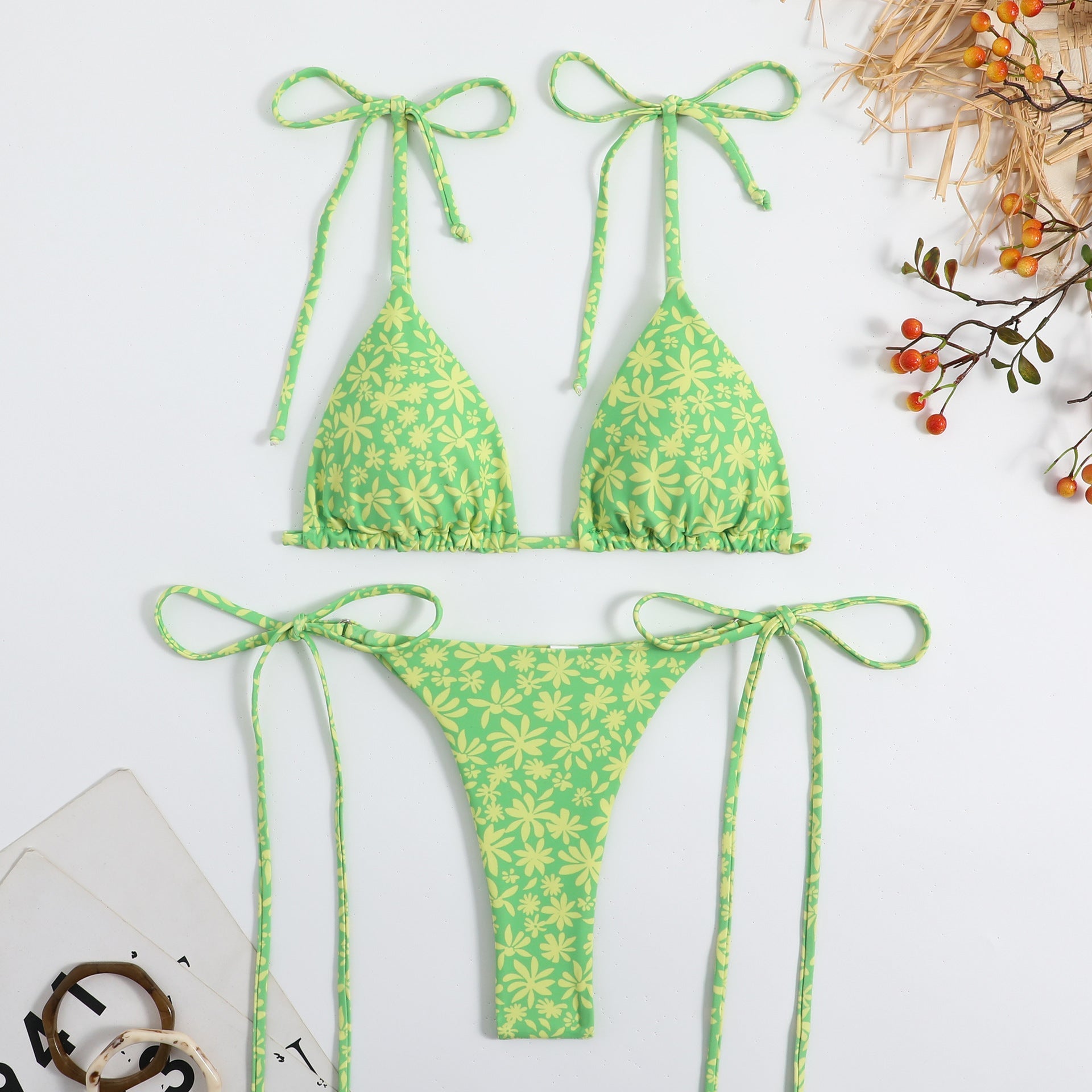 Lady Sexy Triangle Bikini Lace Up Duplex Printing Split Swimsuit Swimwear Bella Mia