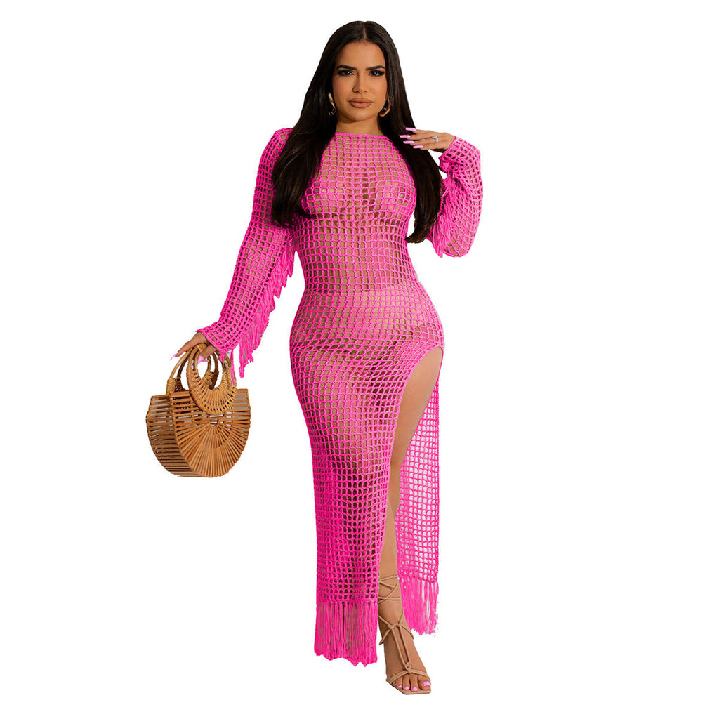 Women Clothing Sexy Solid Color Handmade Knitted Tassel Beach Dress Bella Mia