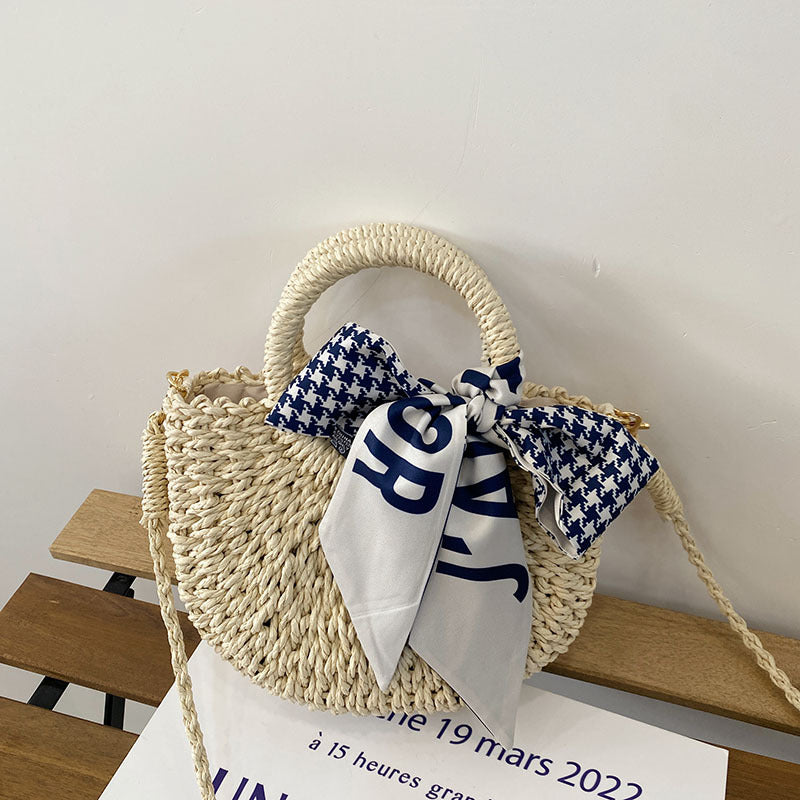 Cute Crossbody Straw Bag Plaid Scarf Portable Straw Bag Woven Bag Vacation Beach Bag Mori Women Bag Bella Mia