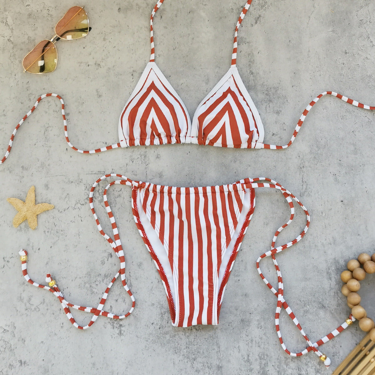 Three Point Multi Rope Lace up Sexy Backless Striped Bikini Split Swimsuit Women Bella Mia
