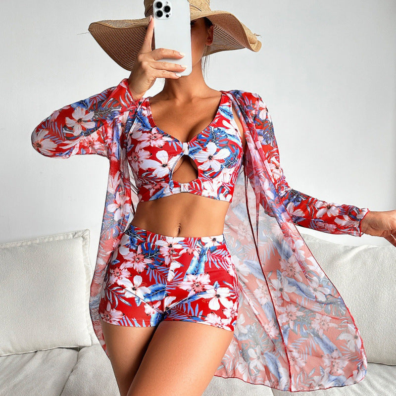 Swimsuit Women Split Long Sleeve Mesh Swimsuit Printed Three Piece Set Bikini Swimsuit