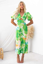 Year Bubble Sleeve Maxi Dress Sexy Print V neck Hollow Out Cutout Women Clothing Bella Mia