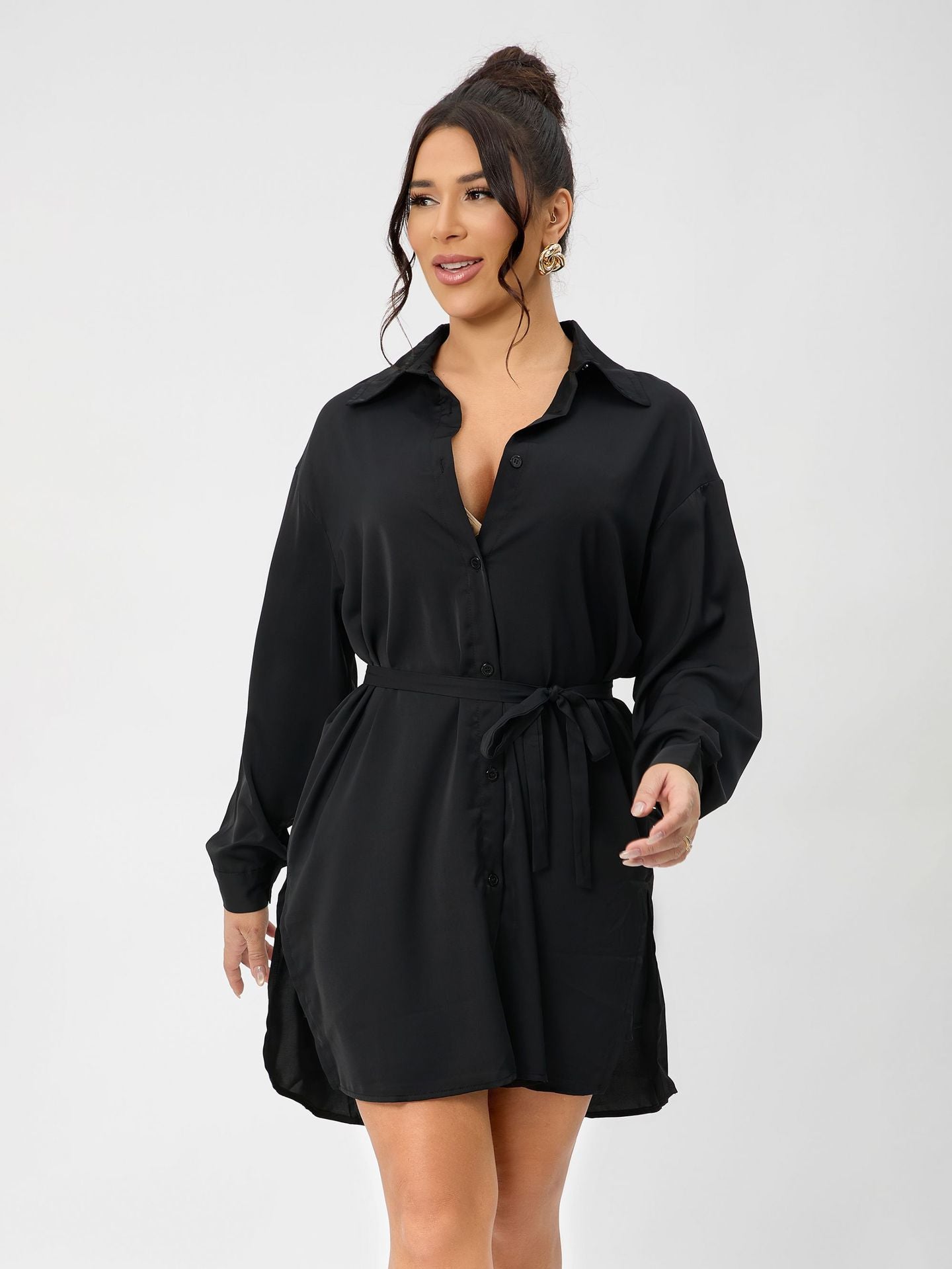 Casual Long Sleeve Women Clothing Long Shirt Collar Belt Two Piece Shorts Sets Women Spring Bella Mia