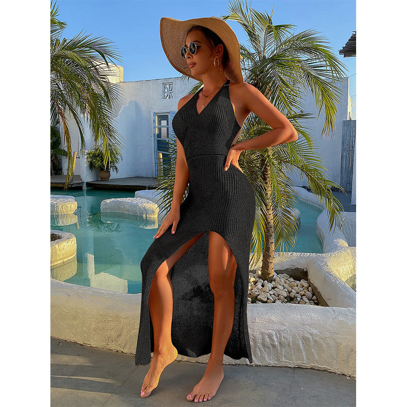 Sexy Backless Cross Strap High Slit V Neck Dress One Step Skirt Summer Seaside Beach Cover Up Multicolor Crochet hook Bella Mia