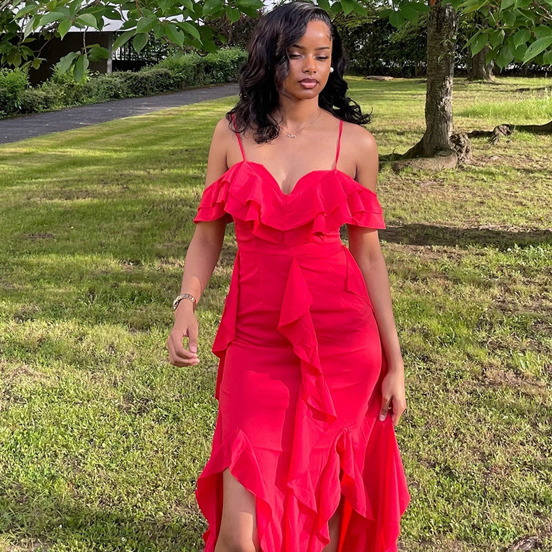 Women Clothing Solid Color Dress Sexy Spaghetti Straps Sleeveless Ruffled Irregular Asymmetric Maxi Dress Bella Mia