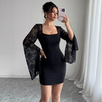 Autumn Bell Sleeve Split Solid Color Lace Stitching Square Collar Hip Bag Dress Bella Mia