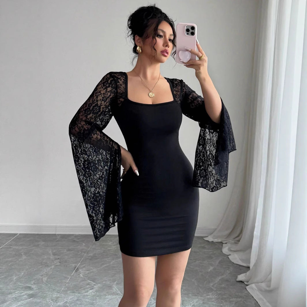 Autumn Bell Sleeve Split Solid Color Lace Stitching Square Collar Hip Bag Dress Bella Mia