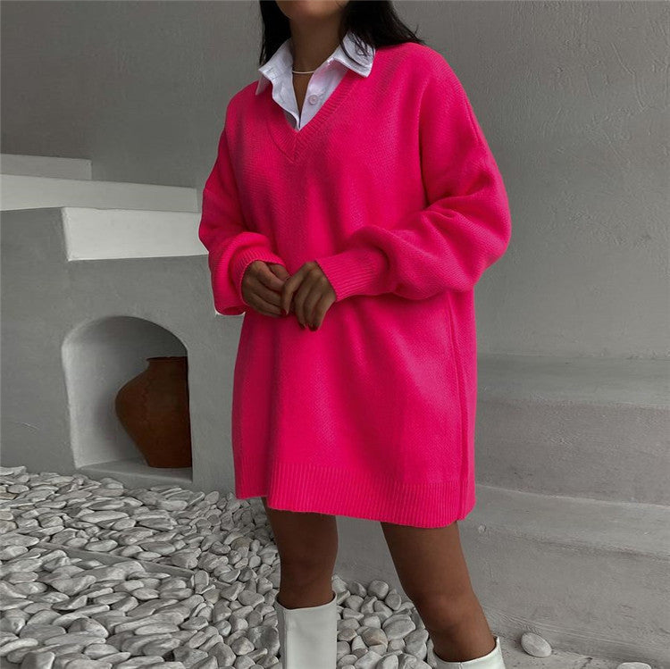 Autumn Winter Long Sleeve V Neck Casual Loose Knitted Pullover Long Sweater Dress Knitwear For Women Bella Mia