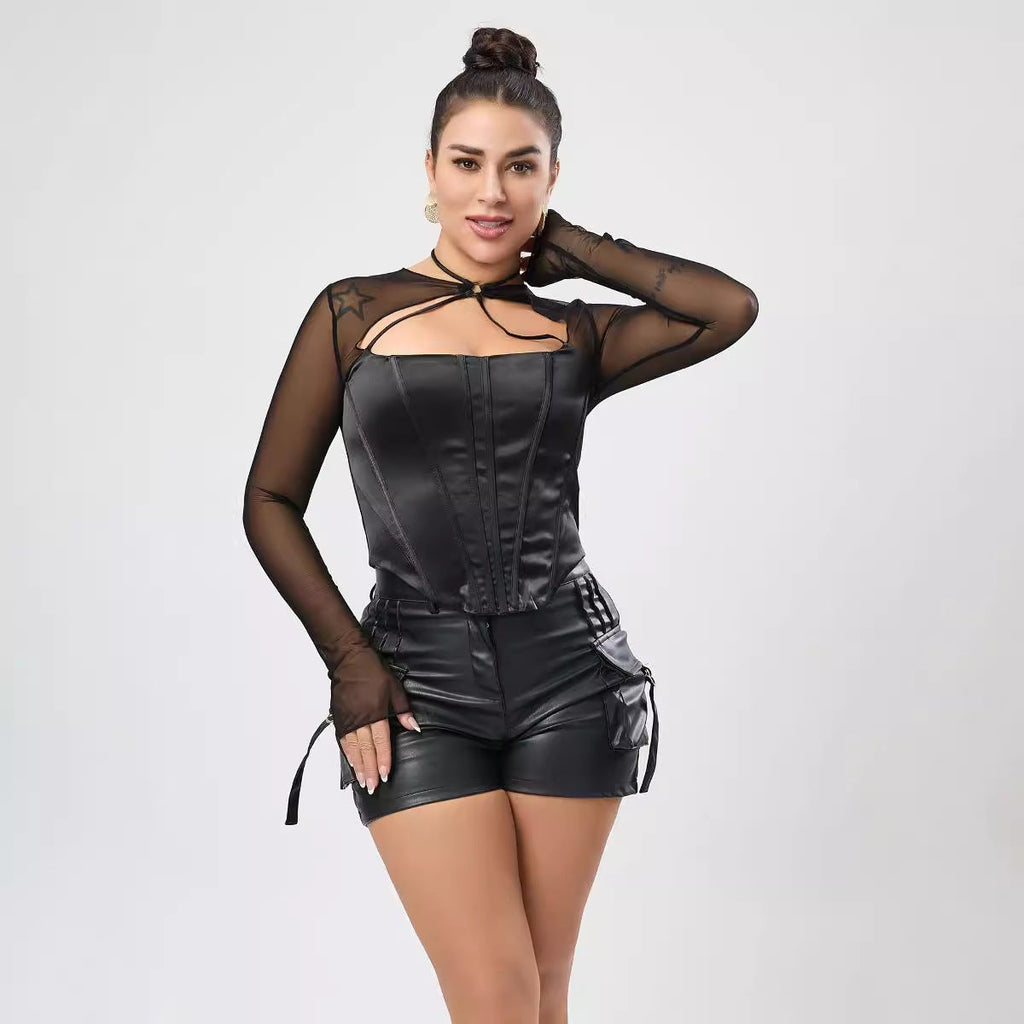 Club Wear Micro Elastic Satin Mesh Stitching Bone Hollow Out Cutout Zipper Sexy Short Top Bella Mia