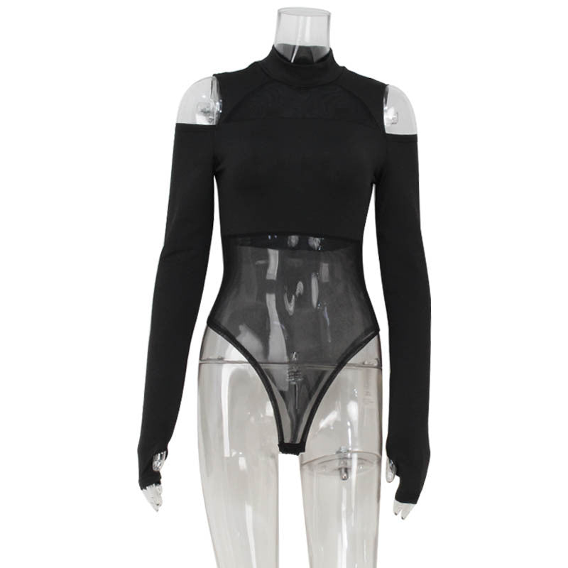 Women Clothing Tight Long Sleeve Sexy Cold Shoulder Mesh Stitching See through Sexy L Jumpsuit Thin Women Bella Mia