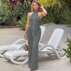 French Women Autumn Slim Fit Crumpled Button round Neck Sleeveless Dress for Women Bella Mia