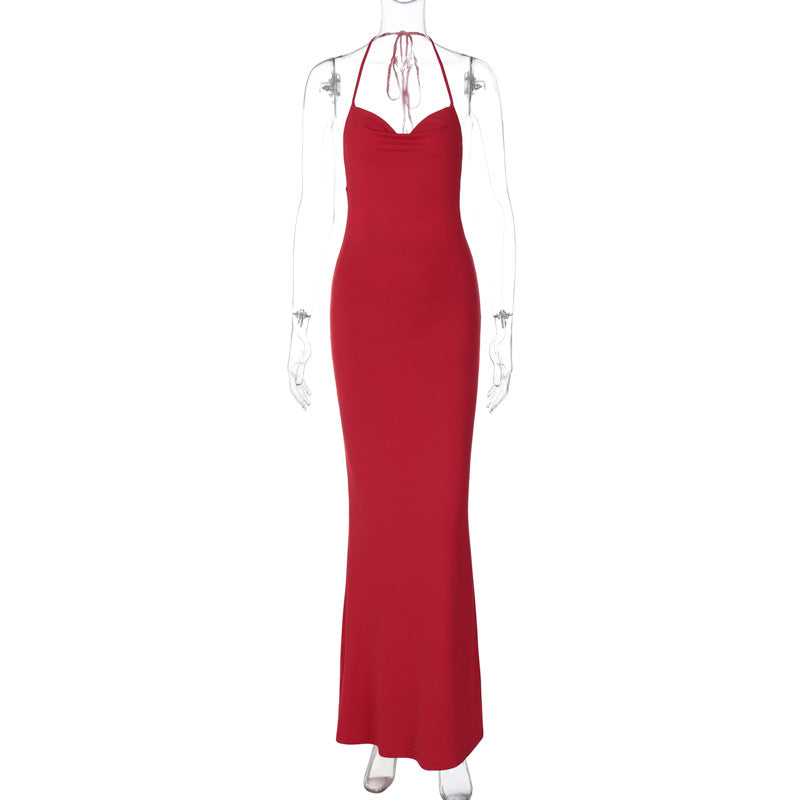 Women Clothing Spring Solid Color Sheath Sexy Cutout Backless Halter Maxi Dress for Women Bella Mia