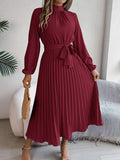 Autumn Winter Elegant Stand Collar Long Sleeve Cinched Pleated Maxi Dress Small Dress Women Clothing Bella Mia