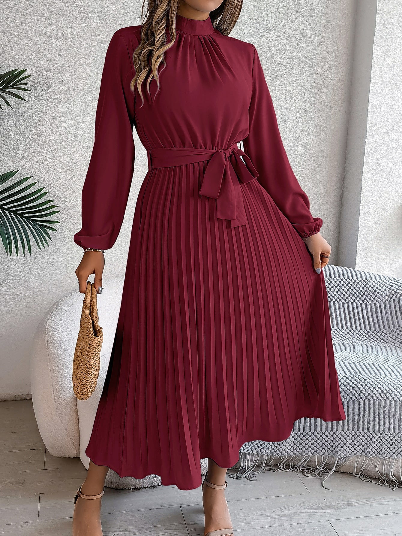 Autumn Winter Elegant Stand Collar Long Sleeve Cinched Pleated Maxi Dress Small Dress Women Clothing Bella Mia