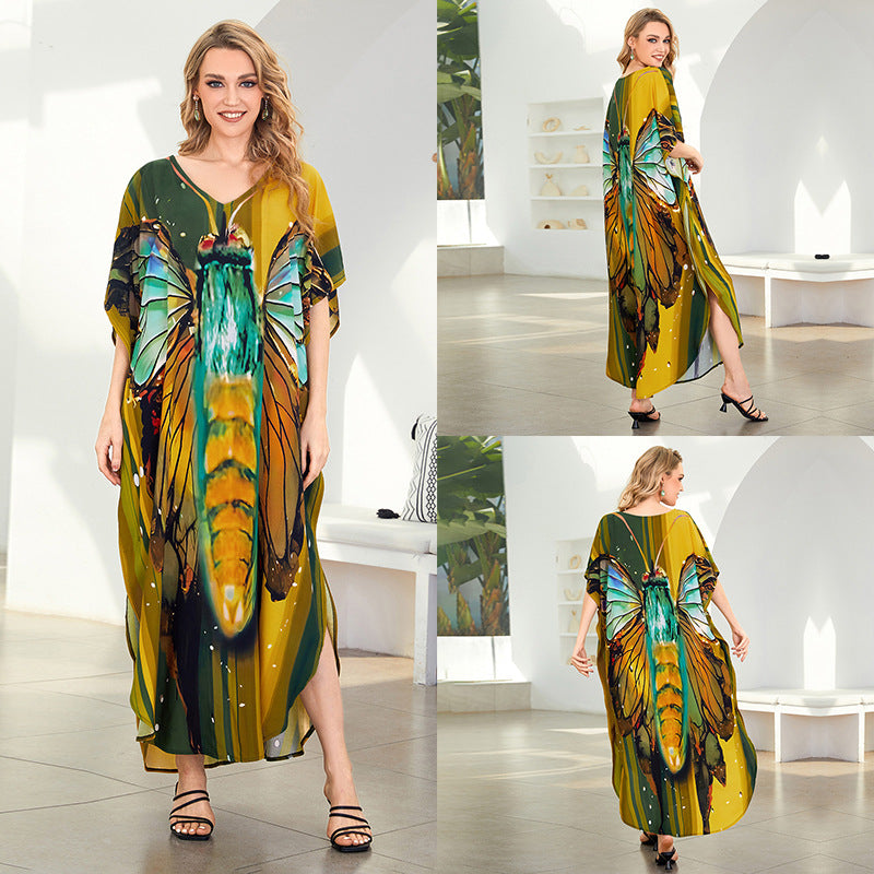 Rayon Printed Loose plus Size Robe Beach Cover up Vacation Maxi Dress Sun Protection Shirt Women Bella Mia