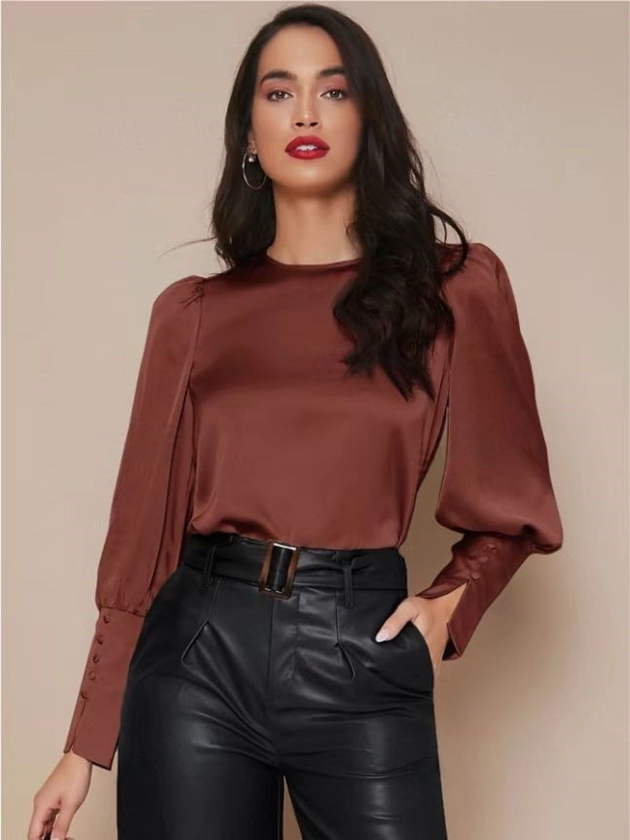 Long Sleeved Satin Shirt Women Spring Autumn Lantern Sleeve Satin Shirt Top