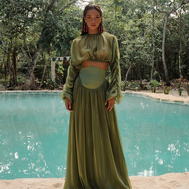 Women Clothing Spring Elegant Pleated Short Top High Waist Drooping Skirt Two Piece Sets Women Bella Mia