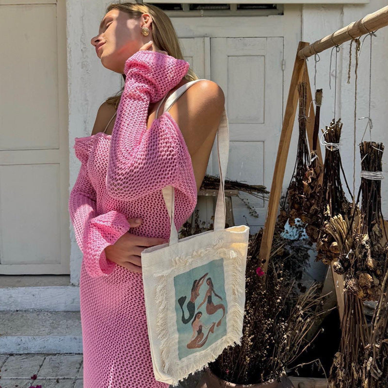 Solid Color Idle Beach Dress Loose Bare Back Side Slit Hollow Out Cutout Knitted Dress for Women