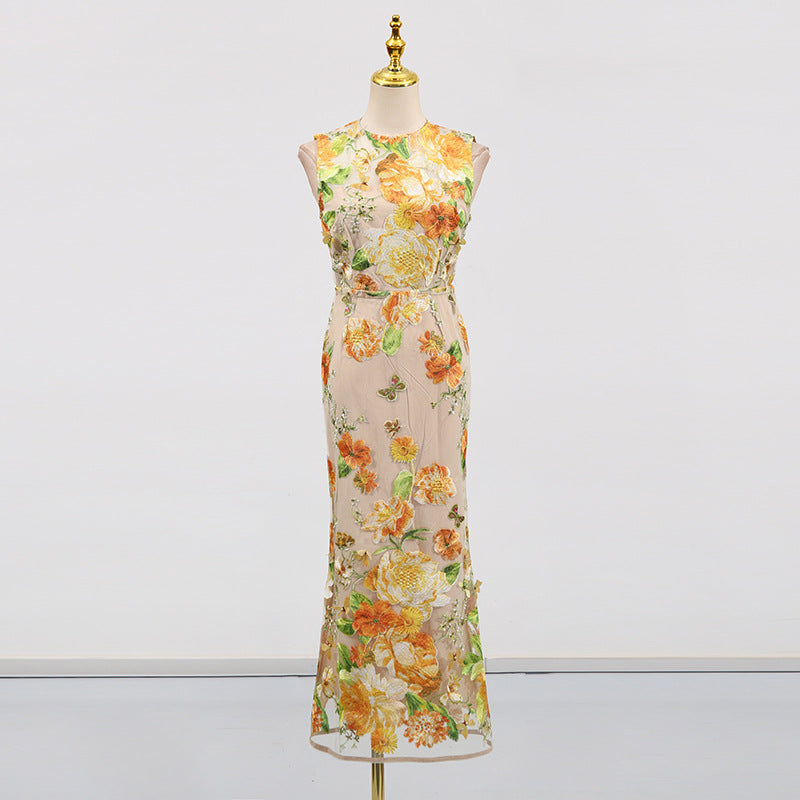 Heavy Industry High Sense Dress Color Embroidery Three Dimensional Floral Slim Fit Figure Flattering Maxi Dress Bella Mia