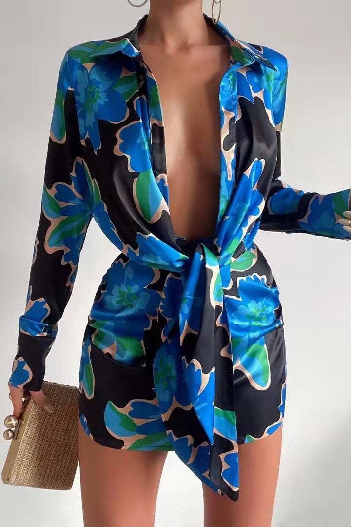 Sexy Women Wear Digital Printing Series Button Long Sleeve Shirt Dress Bella Mia
