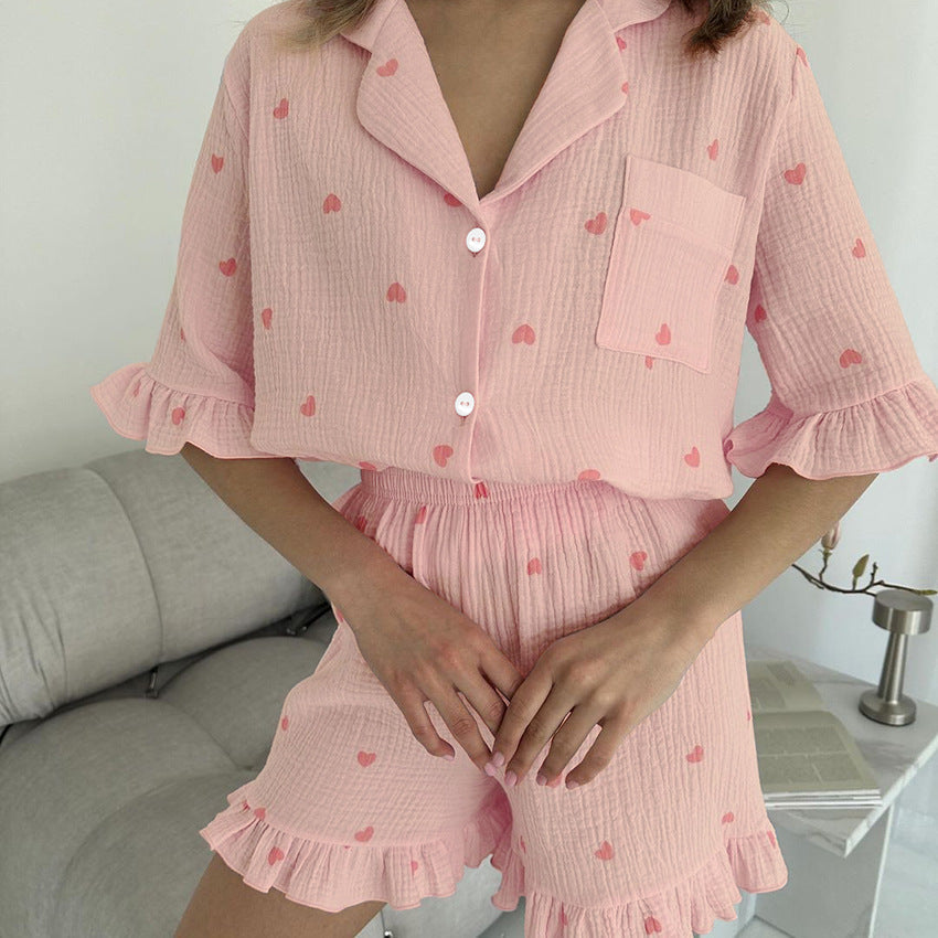 Summer Women Pajamas Crepe Cotton Heart Printing Short Sleeved Shorts Two Piece Home Wear Bella Mia