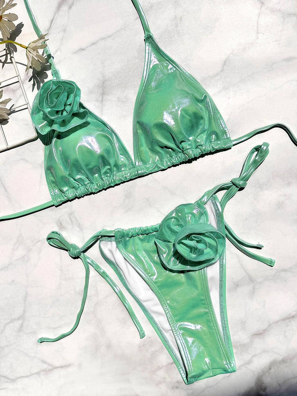 Bronzed Fabric Split Bikini Three Dimensional Floral Sexy Hanging Triangle Bag Swimsuit Bella Mia