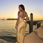 Sexy V neck Backless Bead Necklace Decorative Seaside Holiday Dress Women Bella Mia