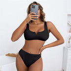 High Waist Split Bikini Sexy Solid Color Deep V Plunge Swimsuit Women Bella Mia