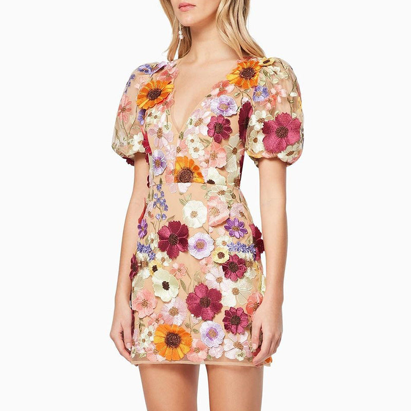 V neck Three Dimensional Floral Sheath Lantern Sleeve Dress Sexy Embroidered Dress Bella Mia