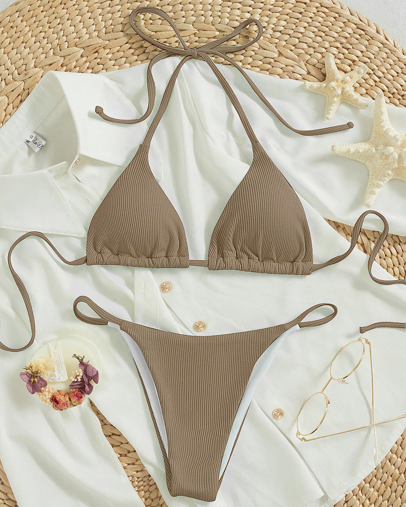 Printing Halter Spaghetti Straps Sexy Bikini Pleated Lace up Triangle Spring Split Swimsuit Bella Mia