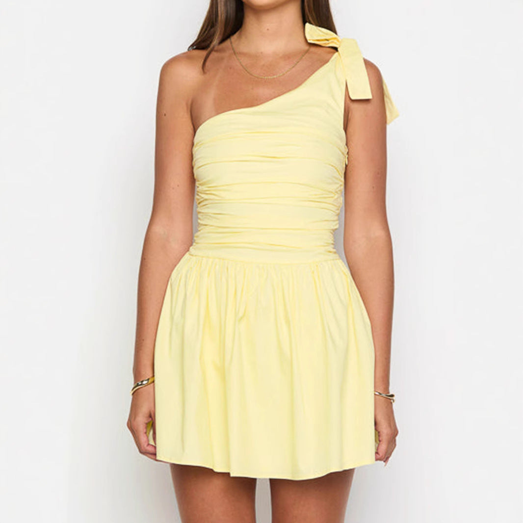 Women Wear Oblique Shoulder Bow Pleated Slim Summer Dress Women Yellow Sweet Spicy Dress Bella Mia