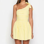Women Wear Oblique Shoulder Bow Pleated Slim Summer Dress Women Yellow Sweet Spicy Dress Bella Mia