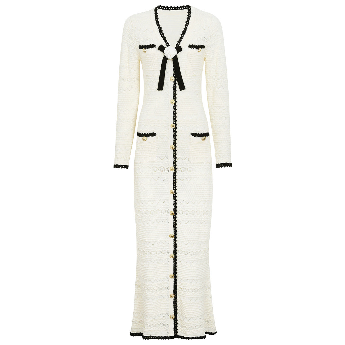 Spring Autumn Fashionable Knitted V neck Floral Slim Fit Slimming Long Sleeves Dress Women