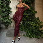 Women Clothing Elegant Faux Leather Sexy Tube Top Strap Fold Split Dress Bella Mia