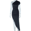 Sexy Diagonal Collar Solid Color Dress Stitching Short Sleeve Pleated Pullover Mid Waist Asymmetric Bella Mia