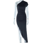Sexy Diagonal Collar Solid Color Dress Stitching Short Sleeve Pleated Pullover Mid Waist Asymmetric Bella Mia