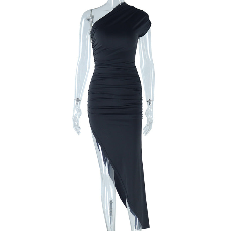 Sexy Diagonal Collar Solid Color Dress Stitching Short Sleeve Pleated Pullover Mid Waist Asymmetric Bella Mia